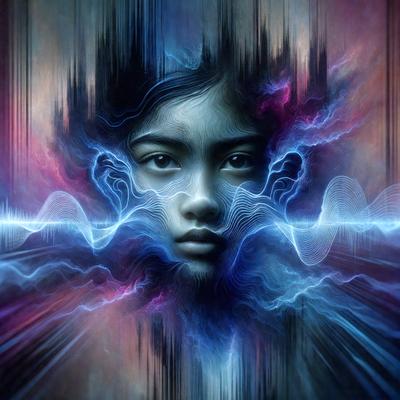 The primary subject of the image is a young girl with dark hair, who is the main focus of the scene. She is looking directly at the viewer, with a sense of curiosity or contemplation. The setting is a futuristic, digital art-like environment, with a backdrop of blue and purple colors. The visual style is a combination of digital art and illustration, creating a unique and captivating image. The overall atmosphere is one of intrigue and wonder, as the viewer is drawn into the girl's world.